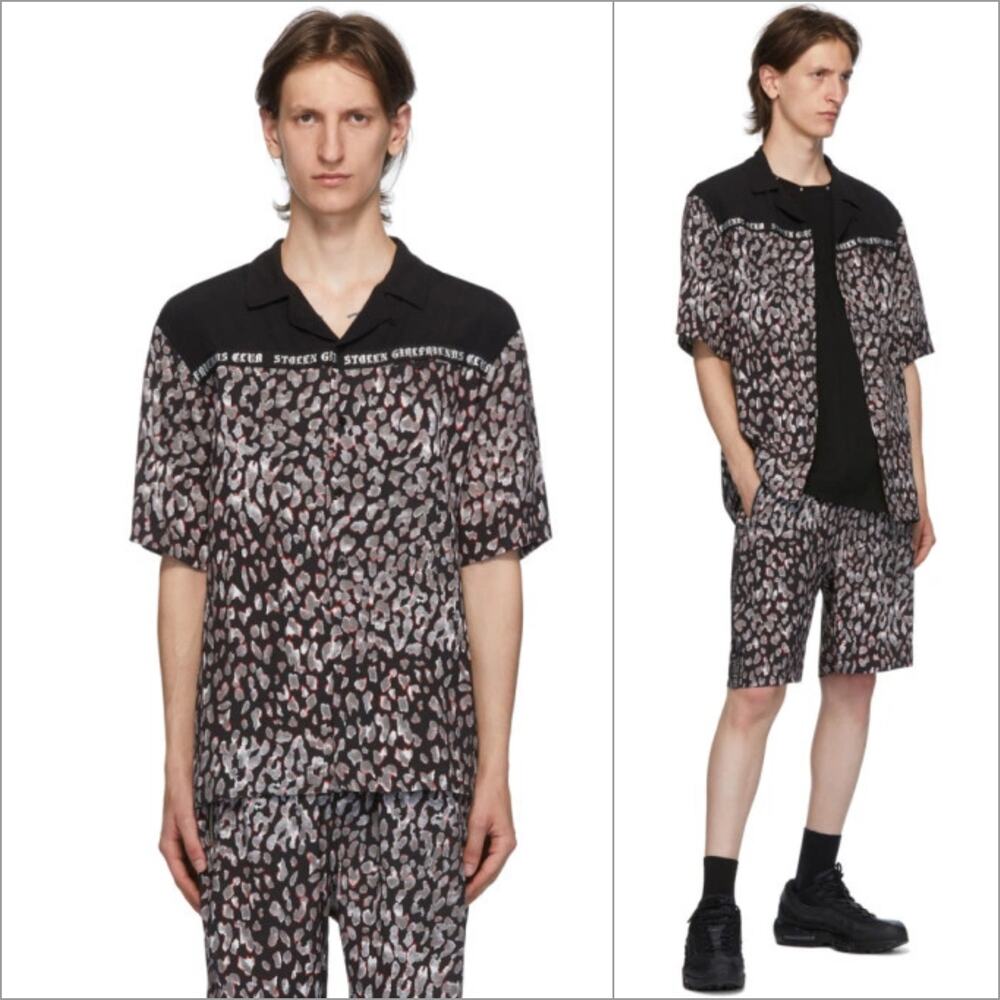 Stolen Girlfriends Club Men's Black Grey Ink Cat Bowling Shirt size XS